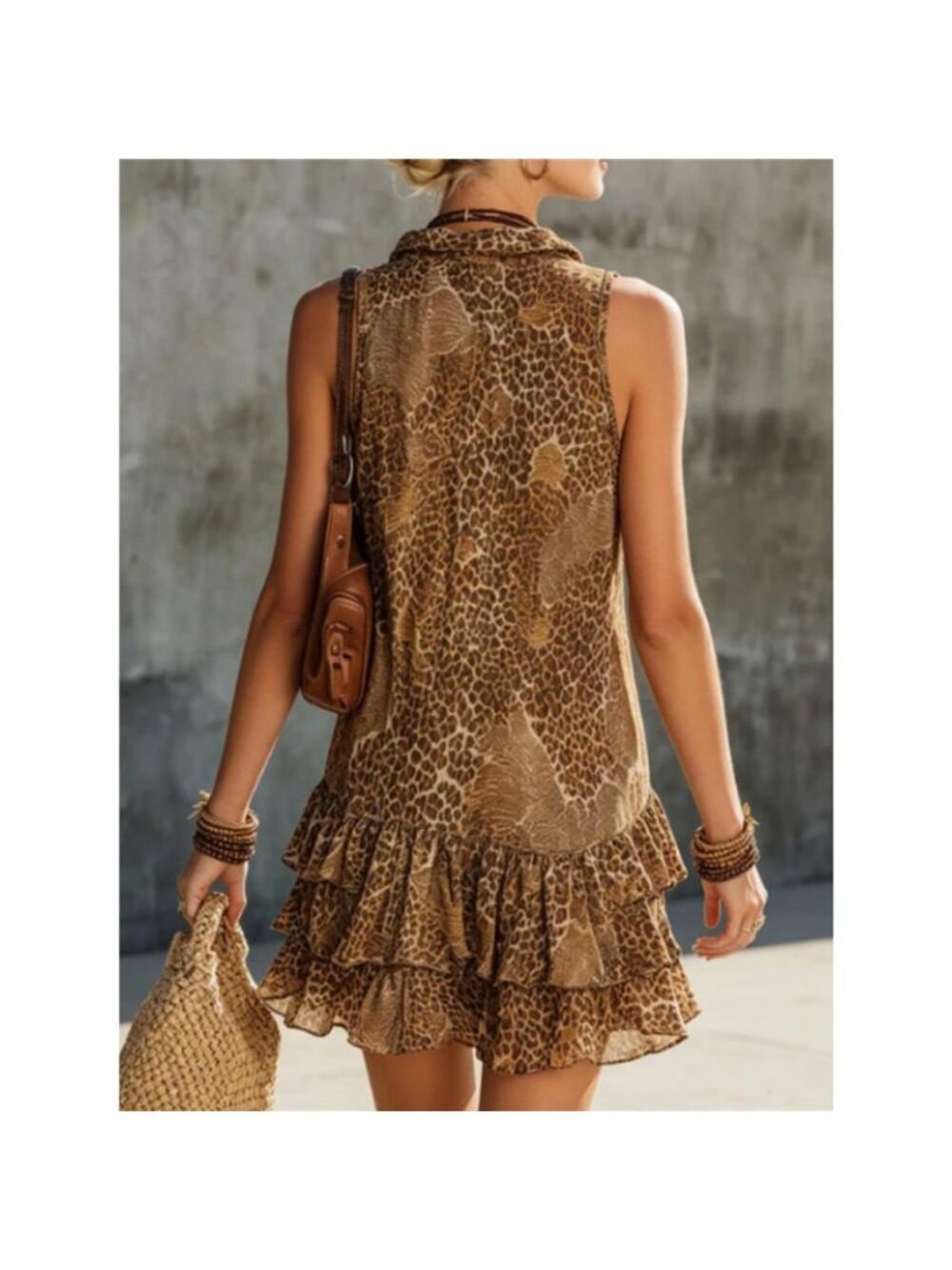 Leopard Print Sleeveless Ruffle Hem Mini Dress